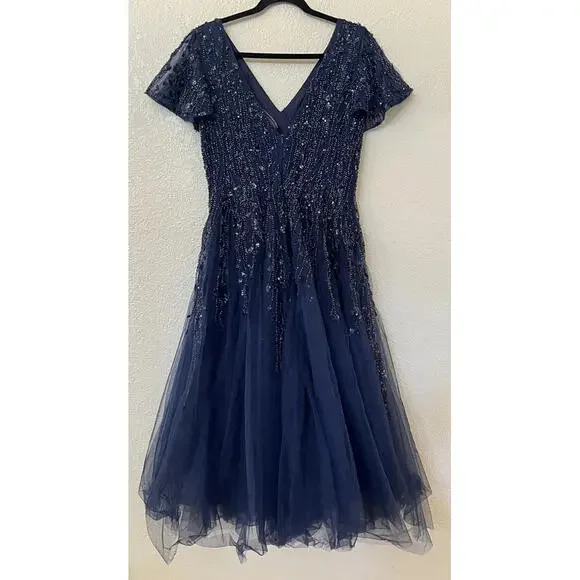 New Mac Duggal EMBELLISHED FLUTTER SLEEVE TEA-LENGTH DRESS In Midnight Sz 6 $598 - Picture 6 of 9